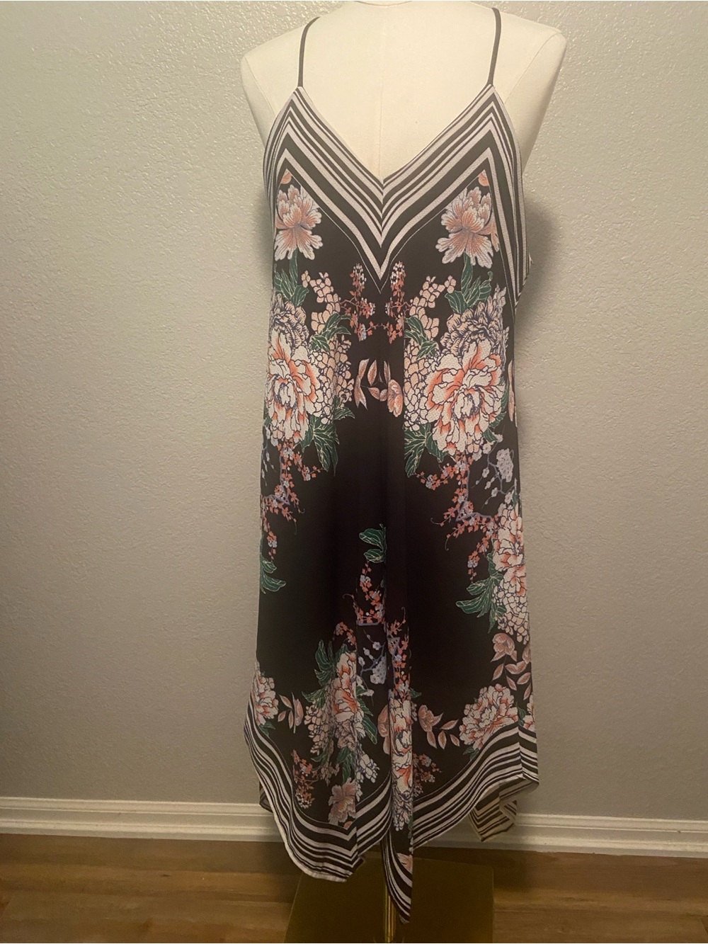 Black Floral Slip Dress with pink and green floral Accents